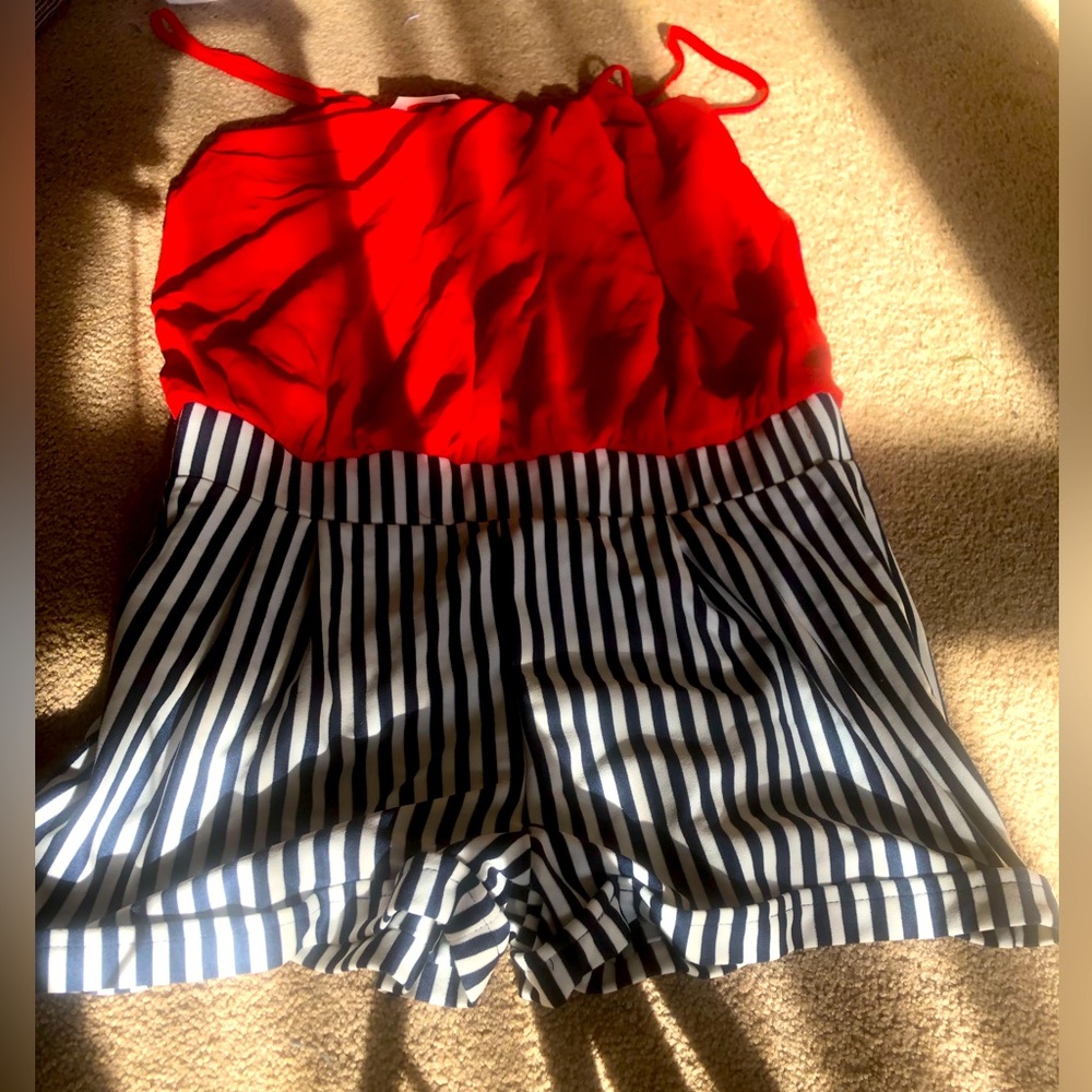 Red black and white stripped Spaghetti strap romper
